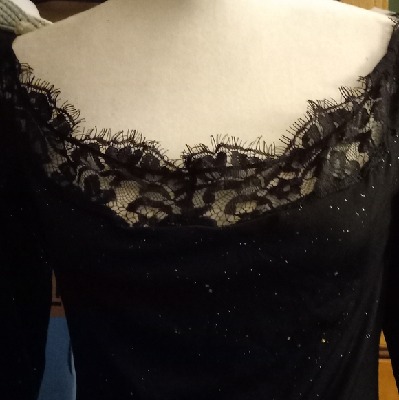 new,black lace trim l/s stretch sparkle slim fit knit off shoulder top size med. - Picture 2 of 6